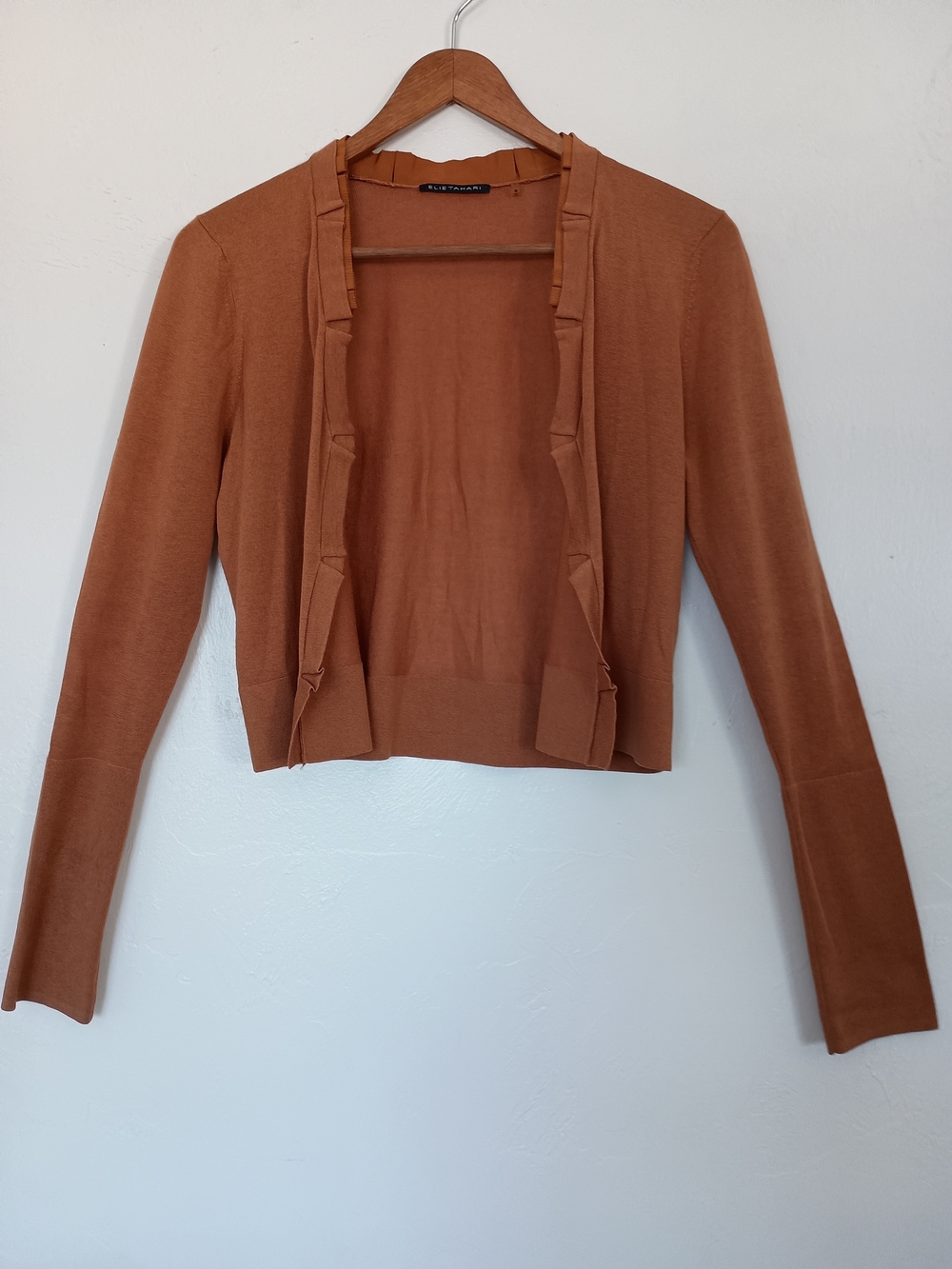 Elie Tahari Silk Cashmere Rust Open-Front Ruffle Trim Cardigan